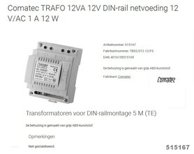 Transformator voor DIN-rail 12V-12VA~